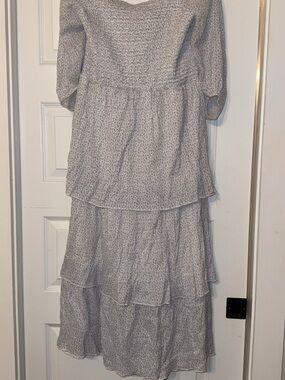 Smocked Bodice Tiered Maxi Dress in Light Gray Floral